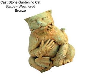 Cast Stone Gardening Cat Statue - Weathered Bronze